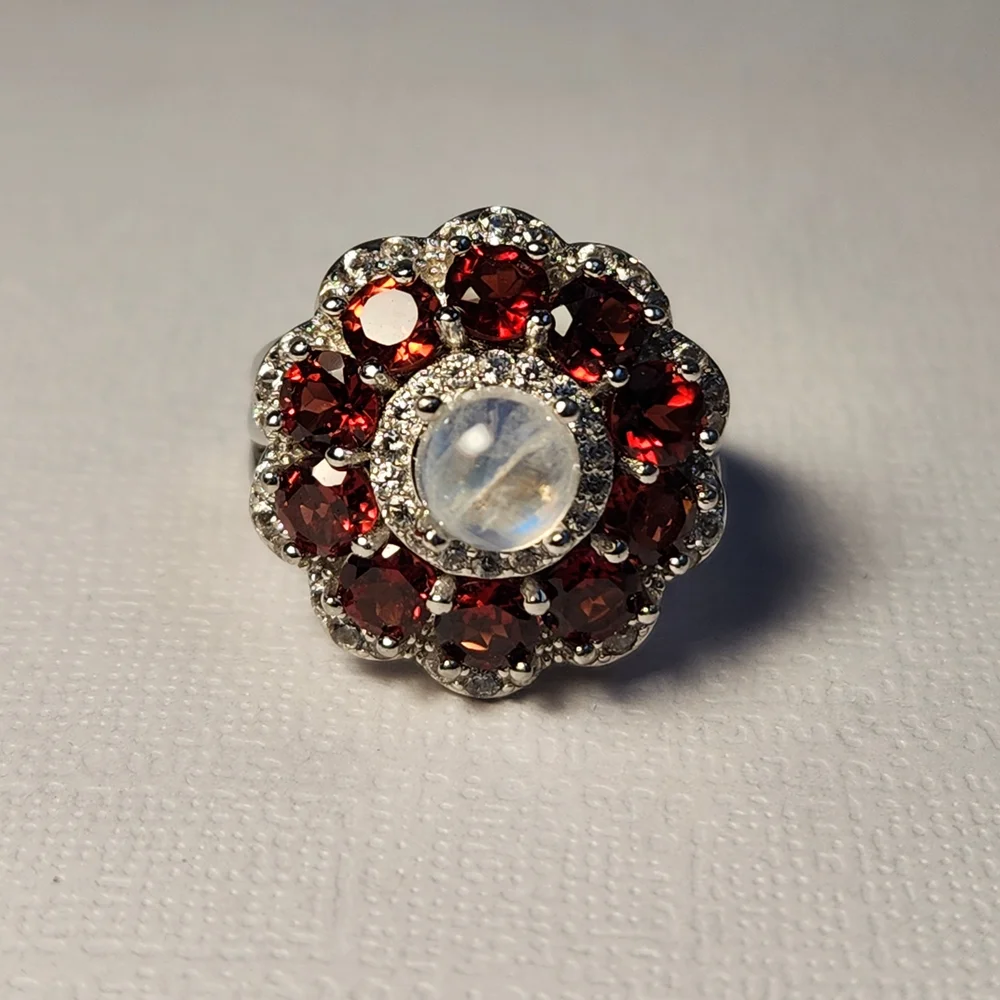 VTG Custom Garnet, Rainbow Moonstone & Zircon 925 Ring Sz 6 - Picture 3 of 13